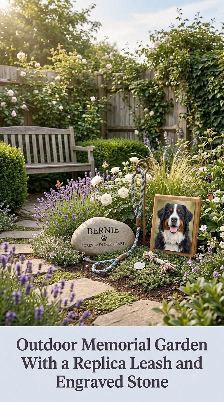 8. Outdoor Memorial Garden With a Replica Leash and Engraved Stone