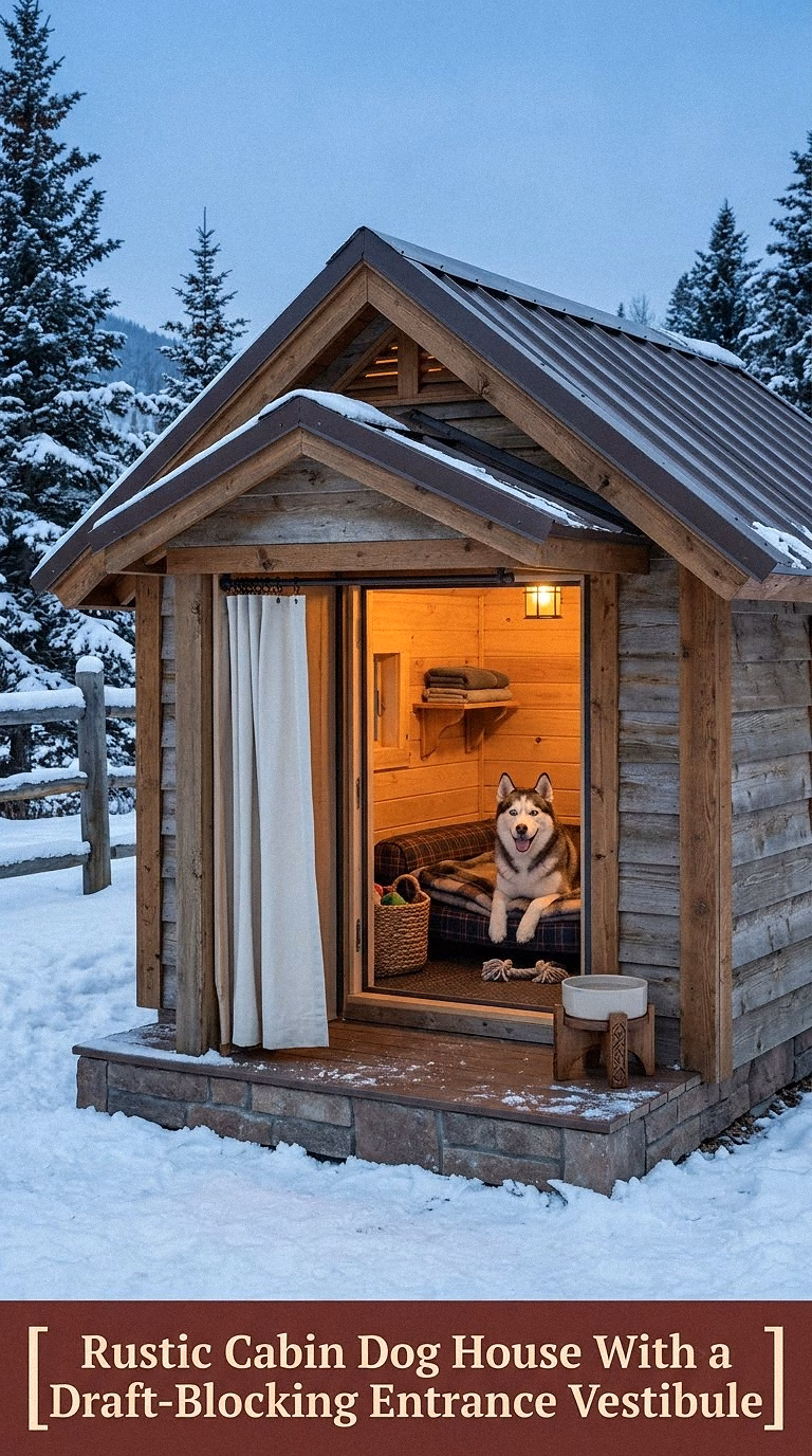 8. Rustic Cabin Dog House With a Draft-Blocking Entrance Vestibule