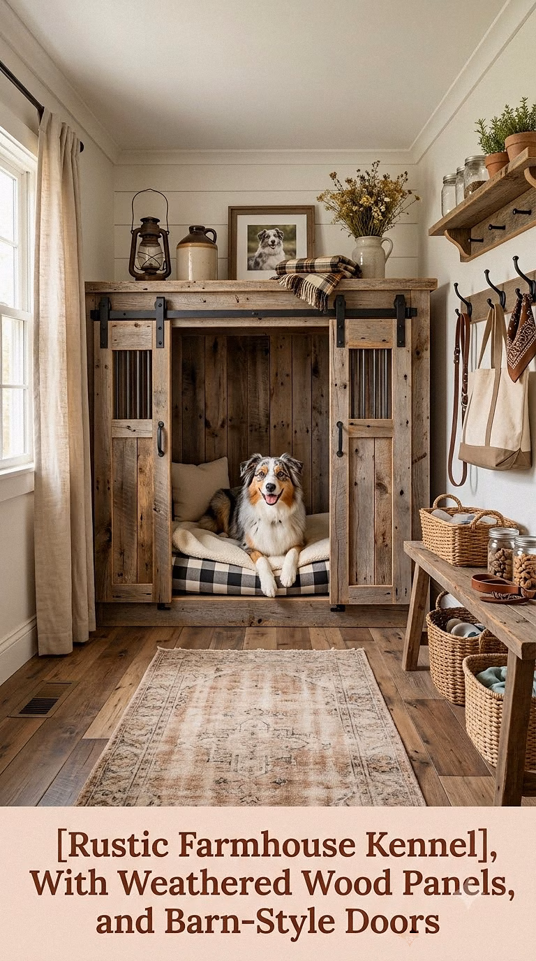 8. Rustic Farmhouse Kennel With Weathered Wood Panels and Barn-Style Doors