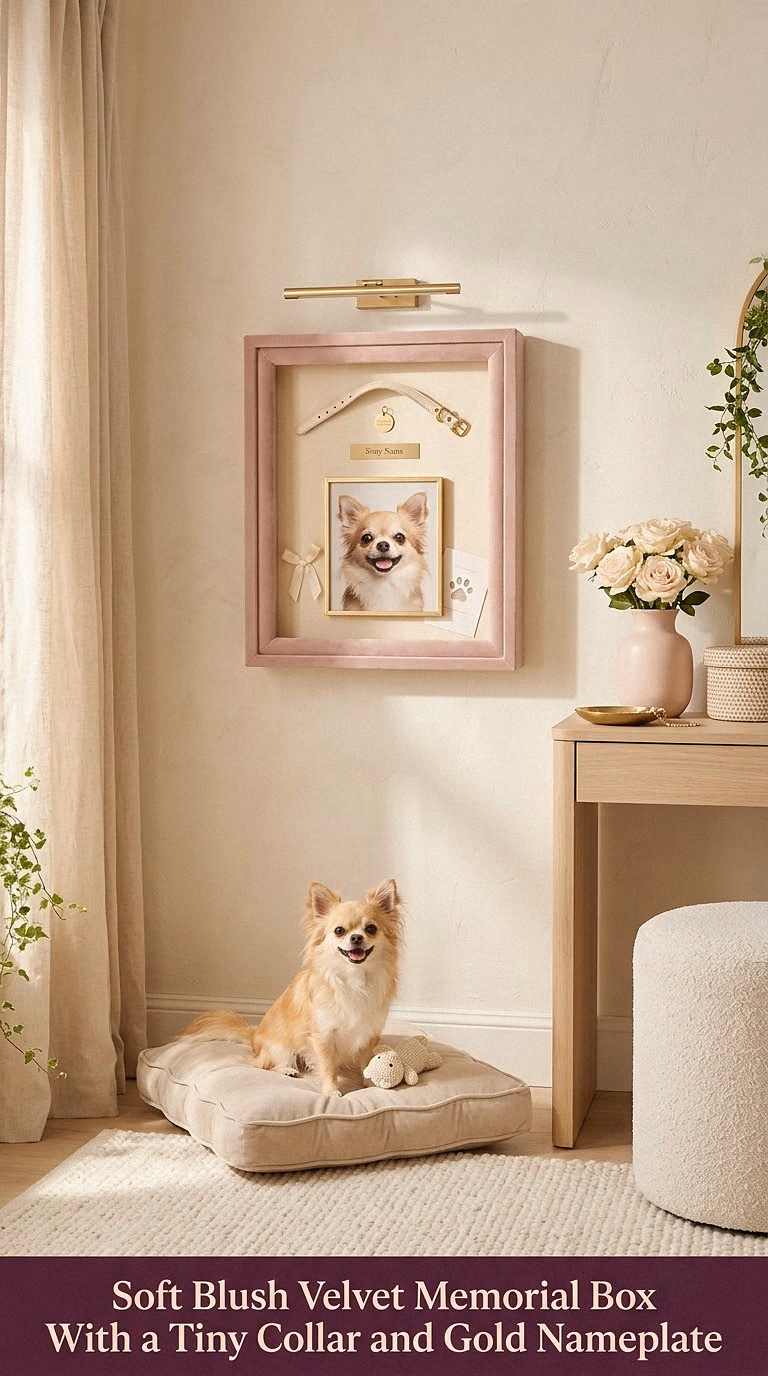8. Soft Blush Velvet Memorial Box With a Tiny Collar and Gold Nameplate