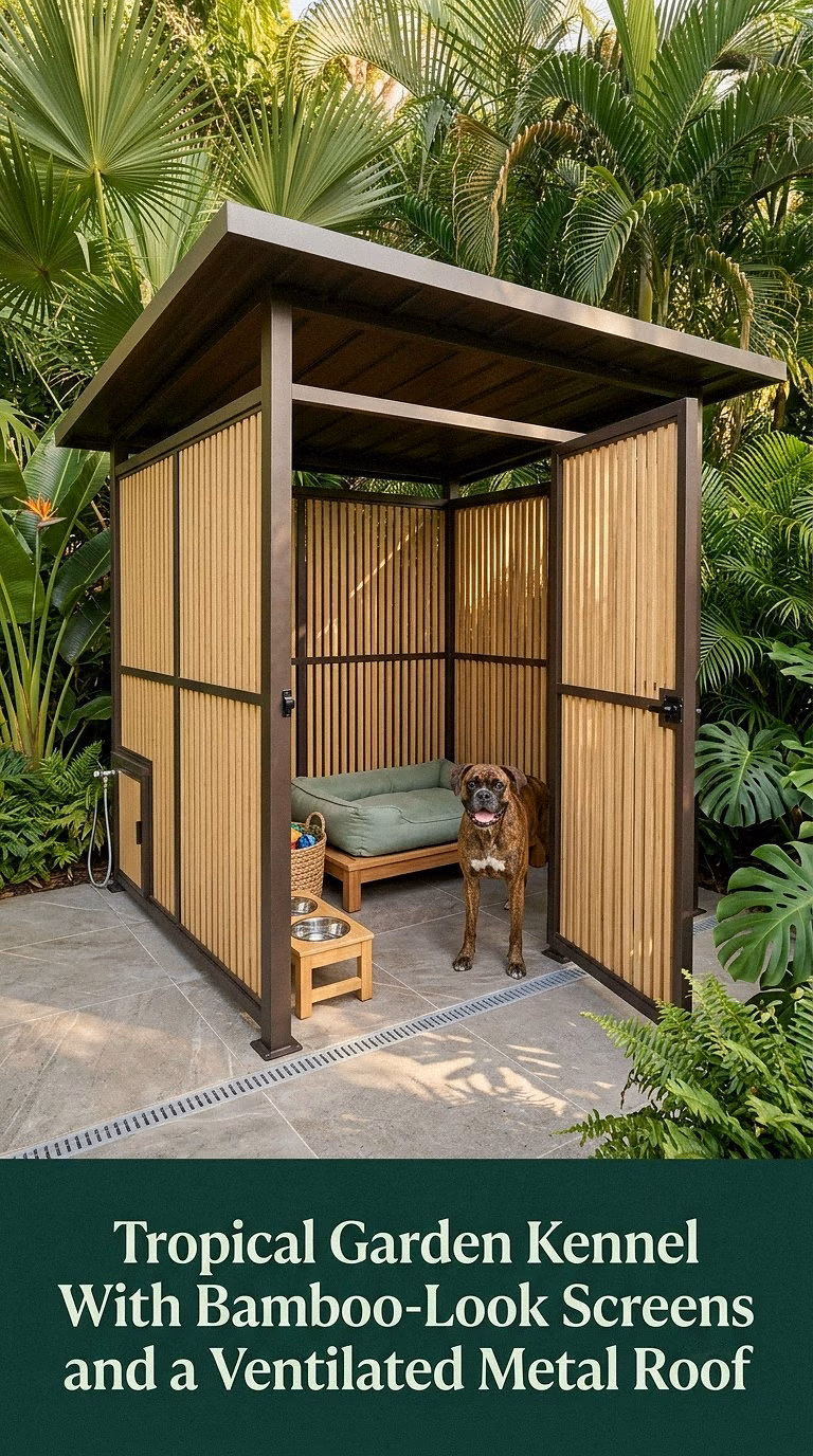 8. Tropical Garden Kennel With Bamboo-Look Screens and a Ventilated Metal Roof