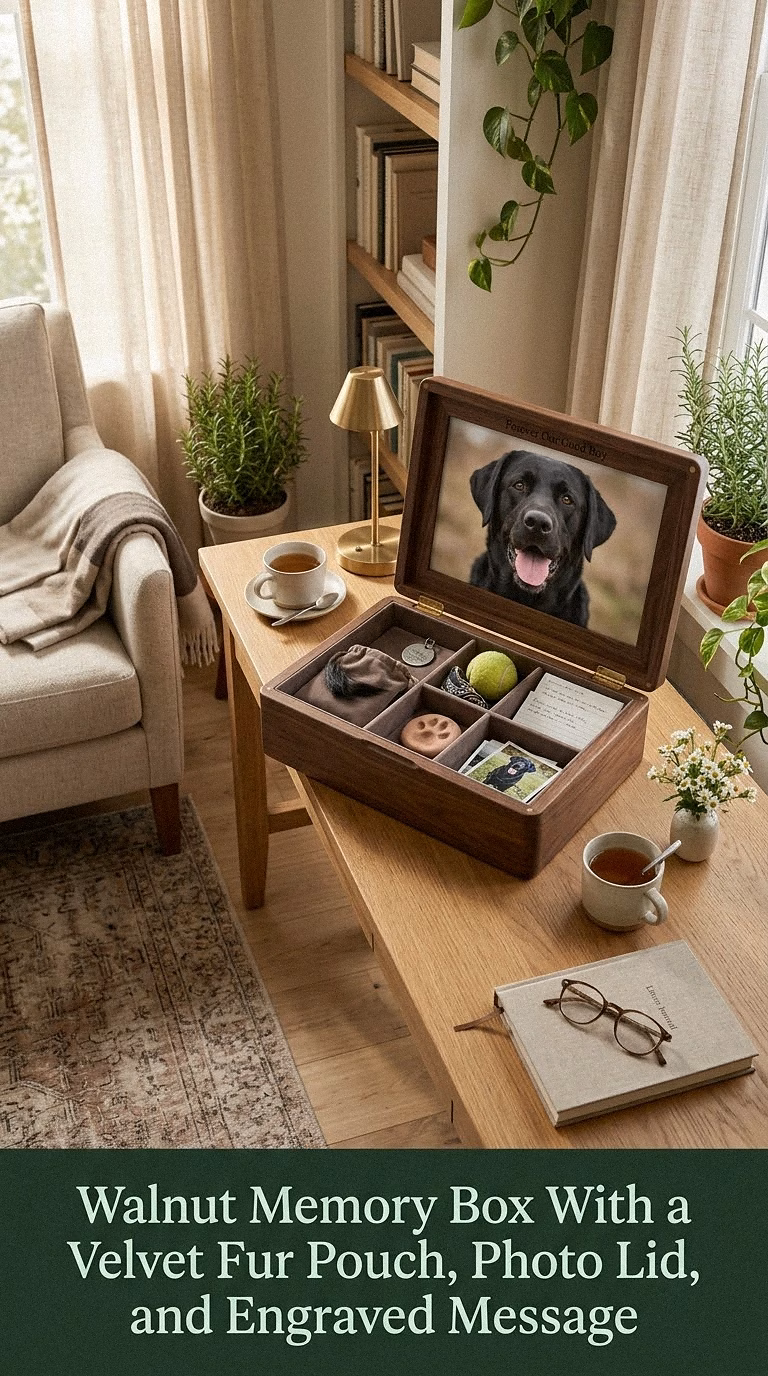8. Walnut Memory Box With a Velvet Fur Pouch, Photo Lid, and Engraved Message