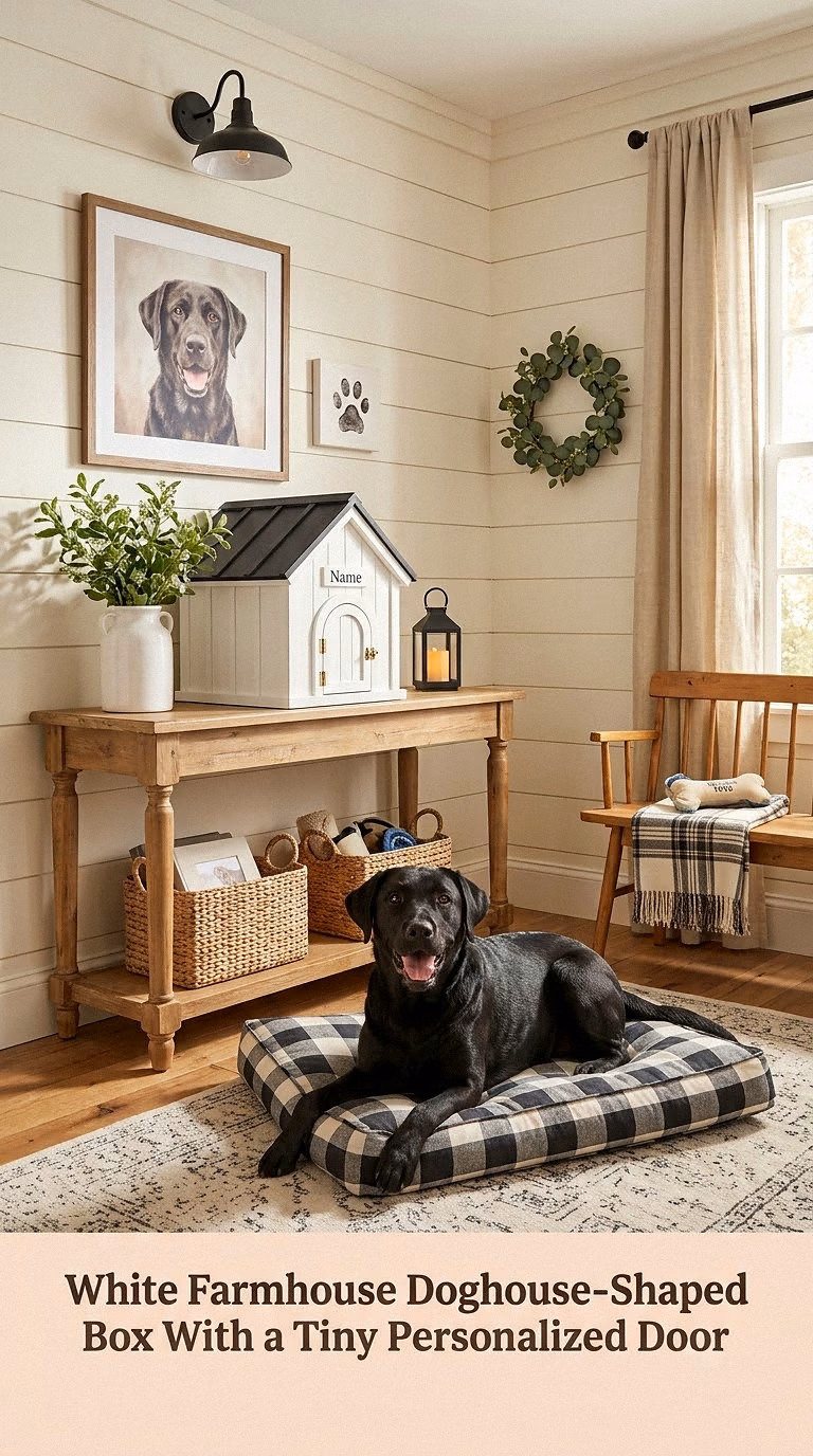 8. White Farmhouse Doghouse-Shaped Box With a Tiny Personalized Door