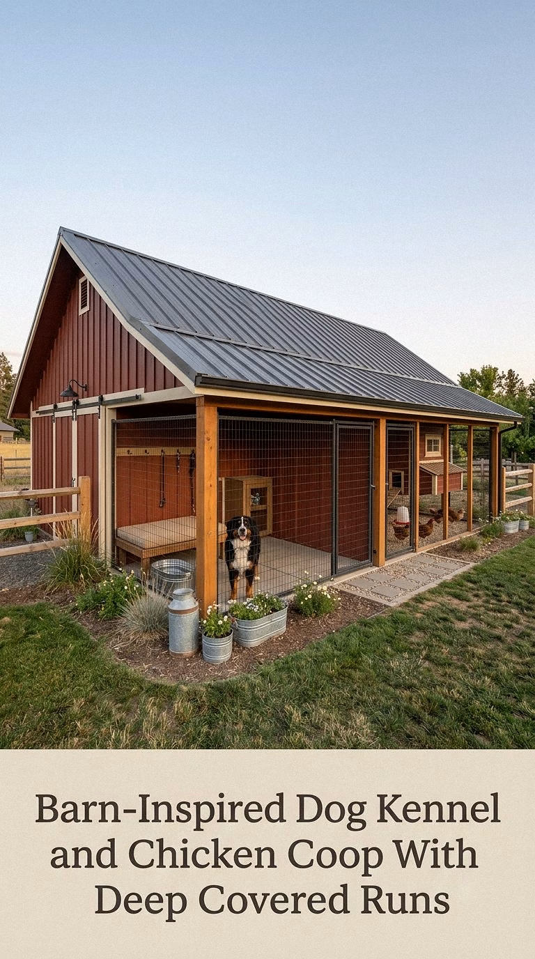 Barn-Inspired Dog Kennel and Chicken Coop With Deep Covered Runs