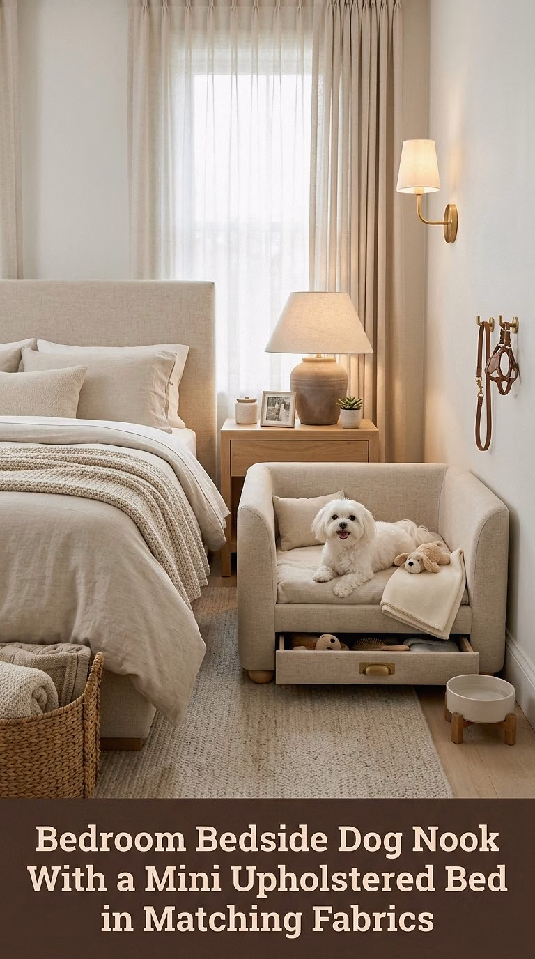 8. Bedroom Bedside Dog Nook With a Mini Upholstered Bed in Matching Fabrics