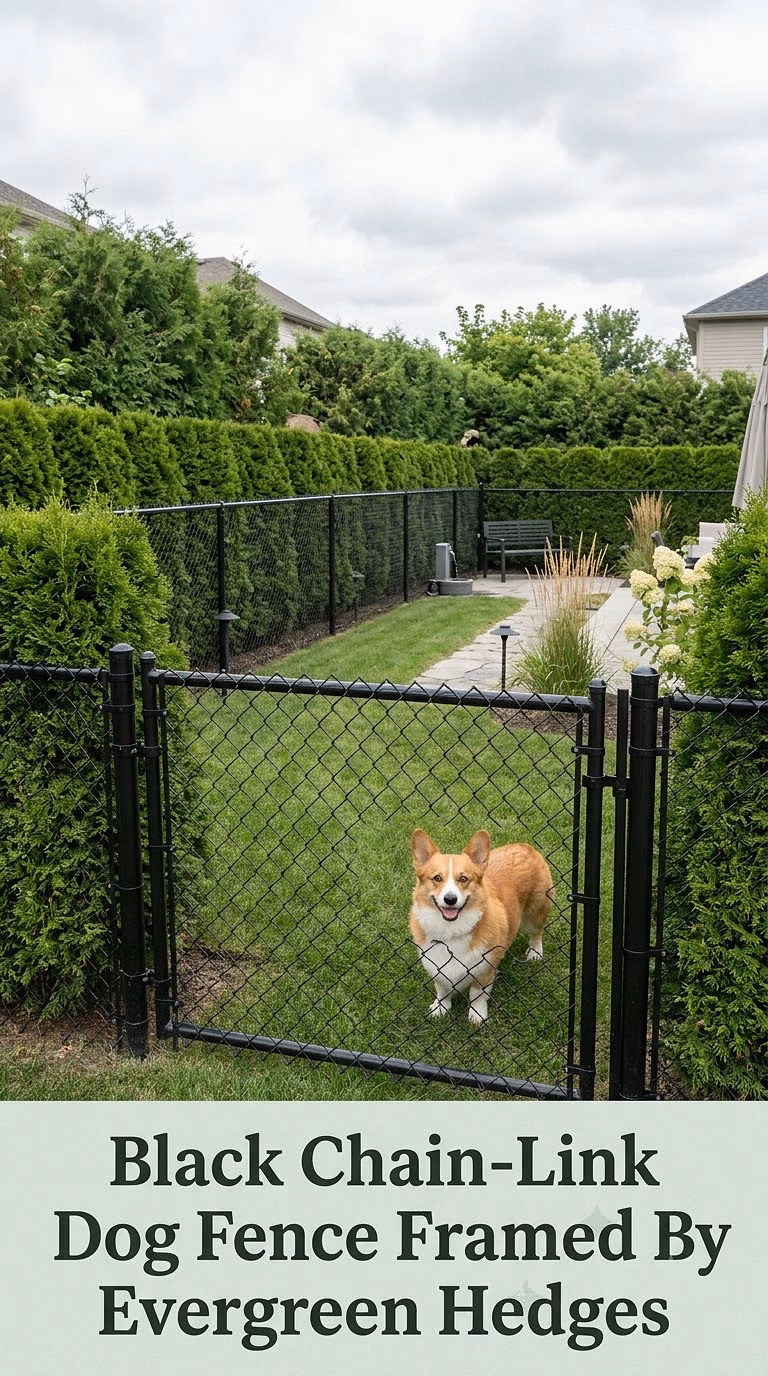 Black Chain-Link Dog Fence Framed By Evergreen Hedges