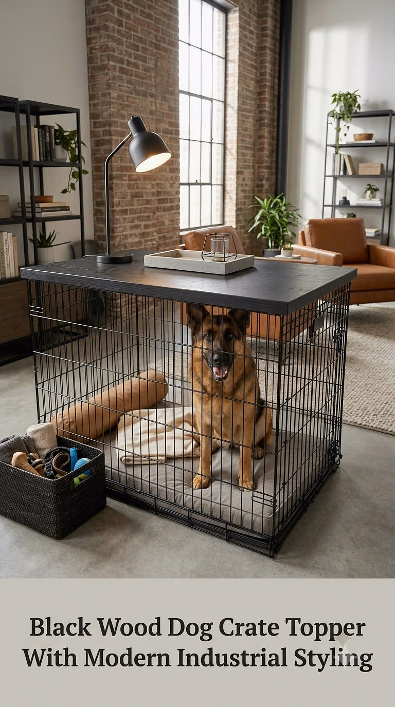 Black Wood Dog Crate Topper With Modern Industrial Styling