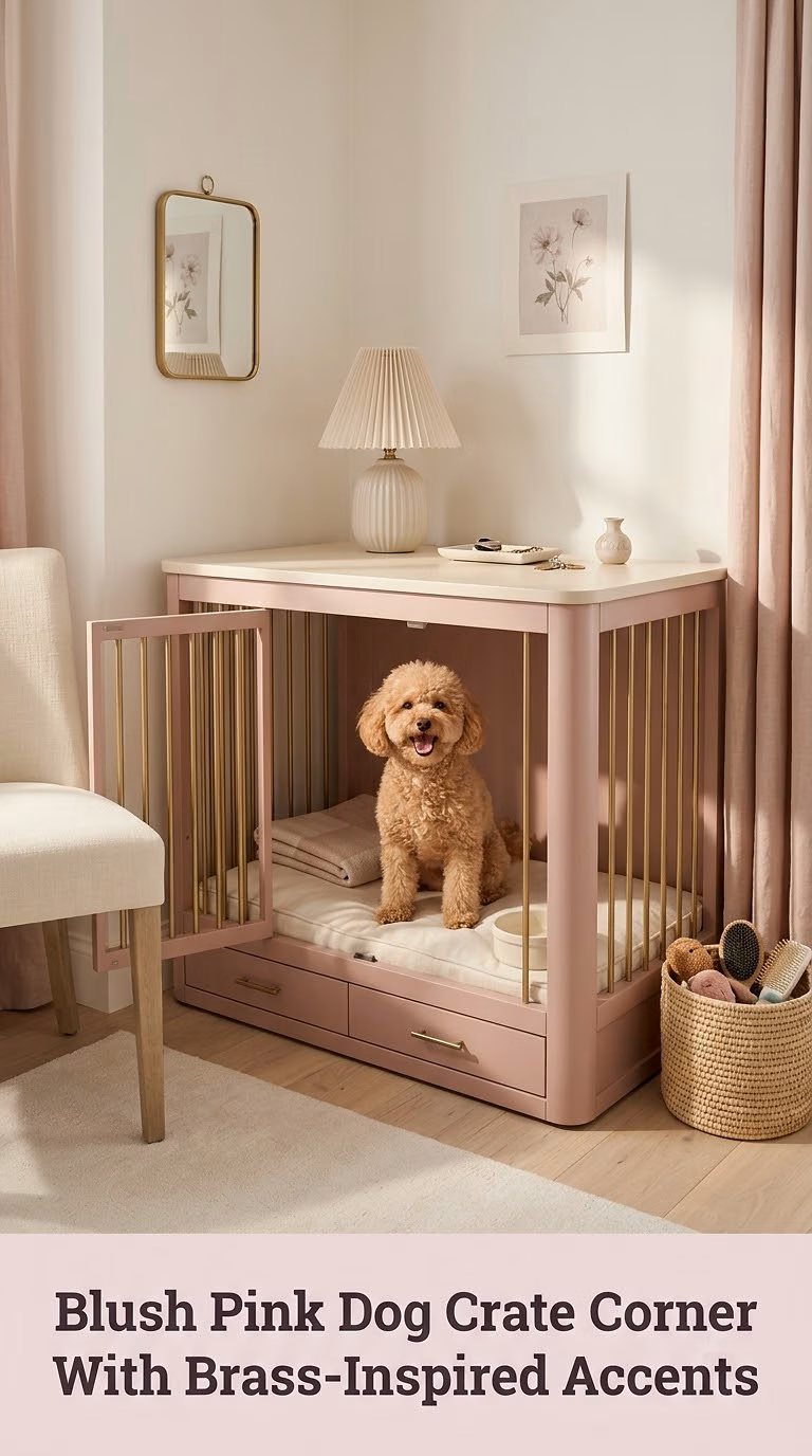 Blush Pink Dog Crate Corner With Brass-Inspired Accents