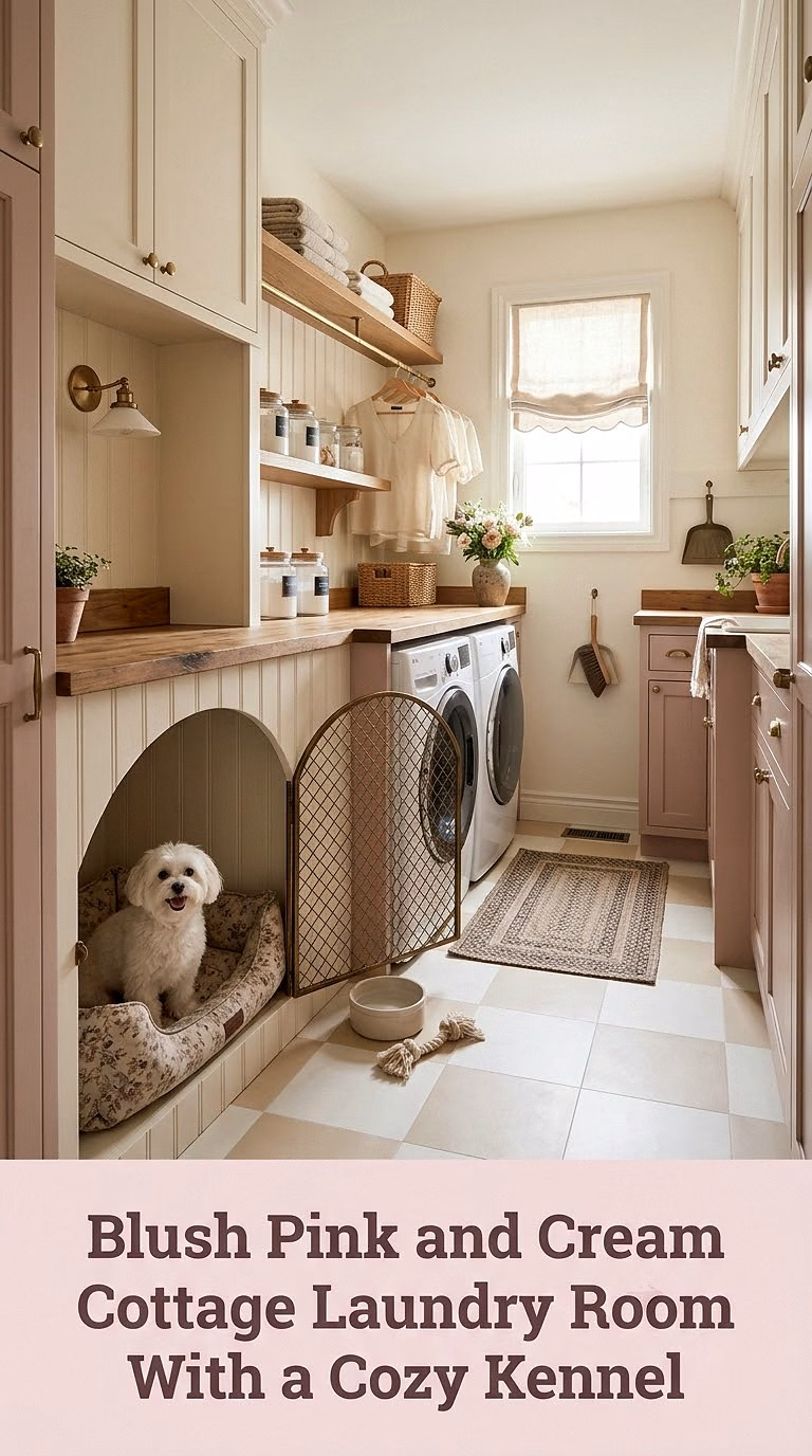 Blush Pink and Cream Cottage Laundry Room With a Cozy Kennel