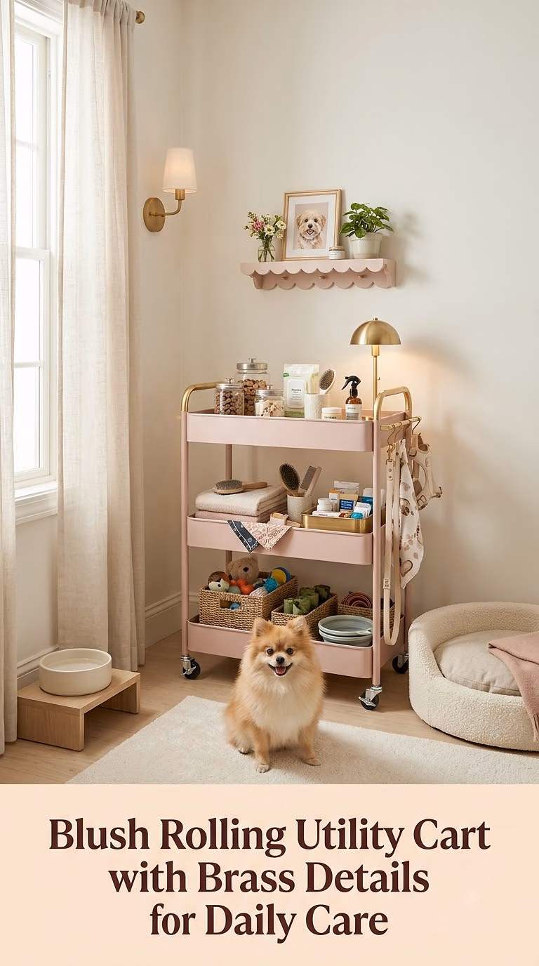 Blush Rolling Utility Cart with Brass Details for Daily Care