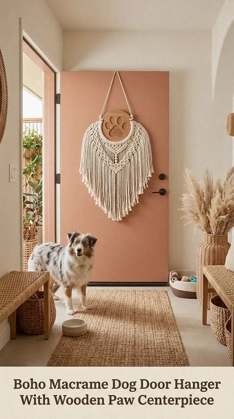 Boho Macrame Dog Door Hanger With Wooden Paw Centerpiece