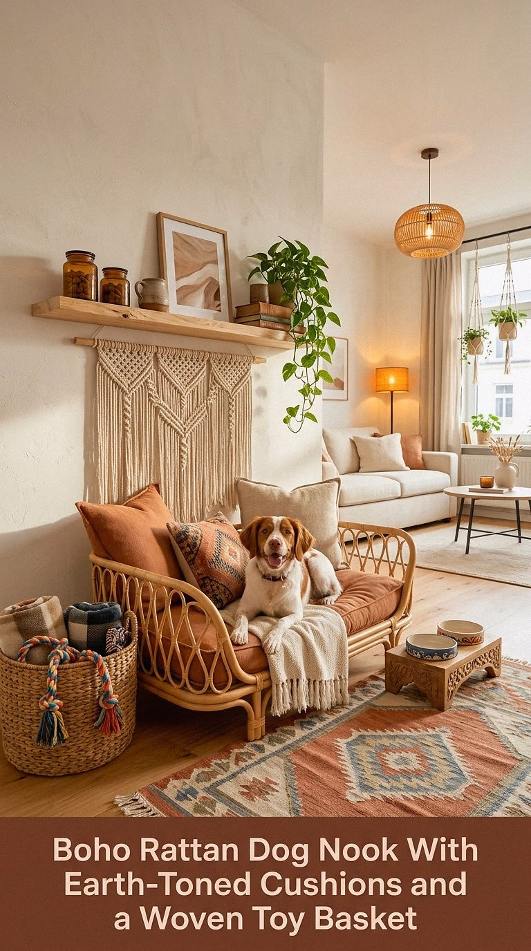 8. Boho Rattan Dog Nook With Earth-Toned Cushions and a Woven Toy Basket
