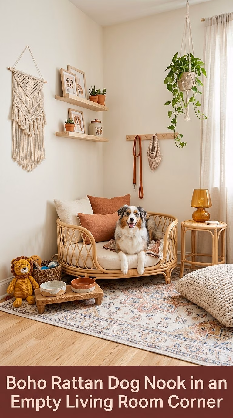 8. Boho Rattan Dog Nook in an Empty Living Room Corner