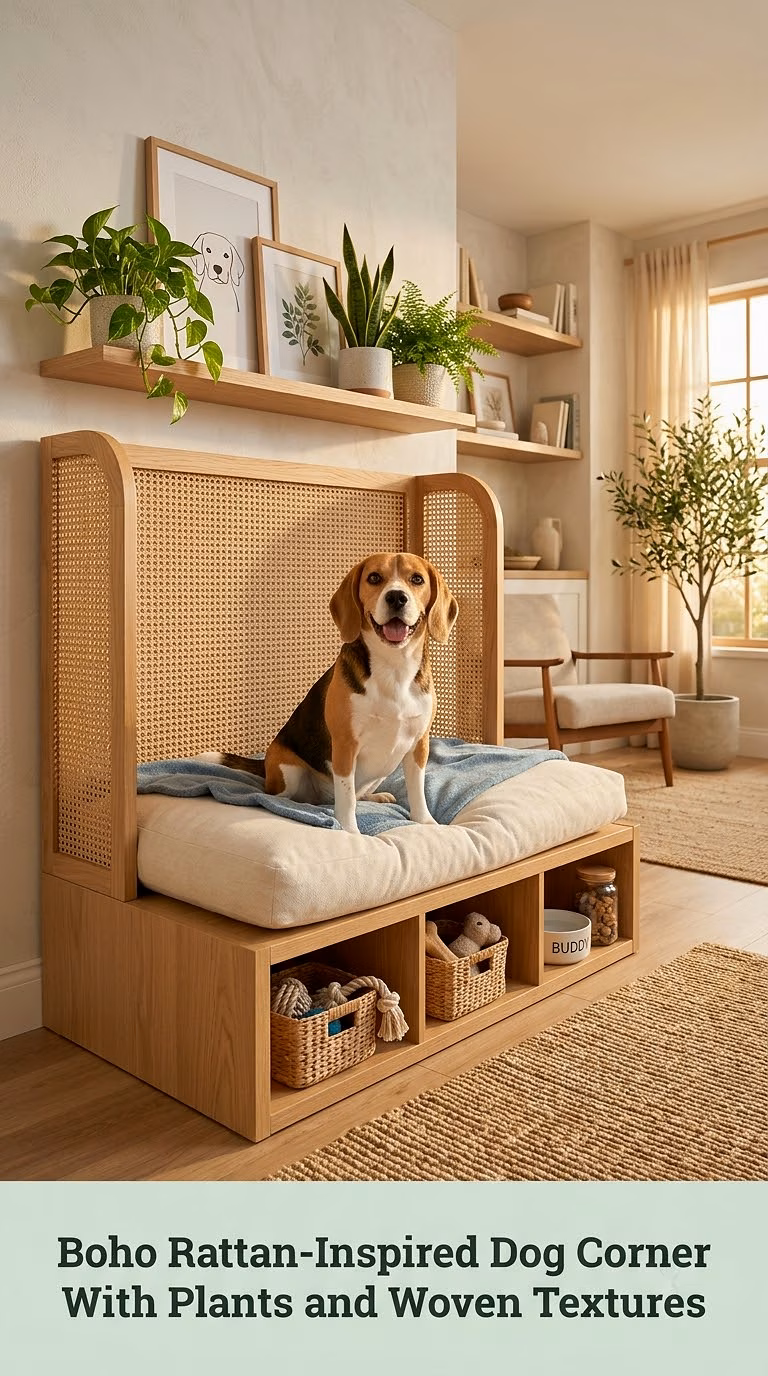 Boho Rattan-Inspired Dog Corner With Plants and Woven Textures