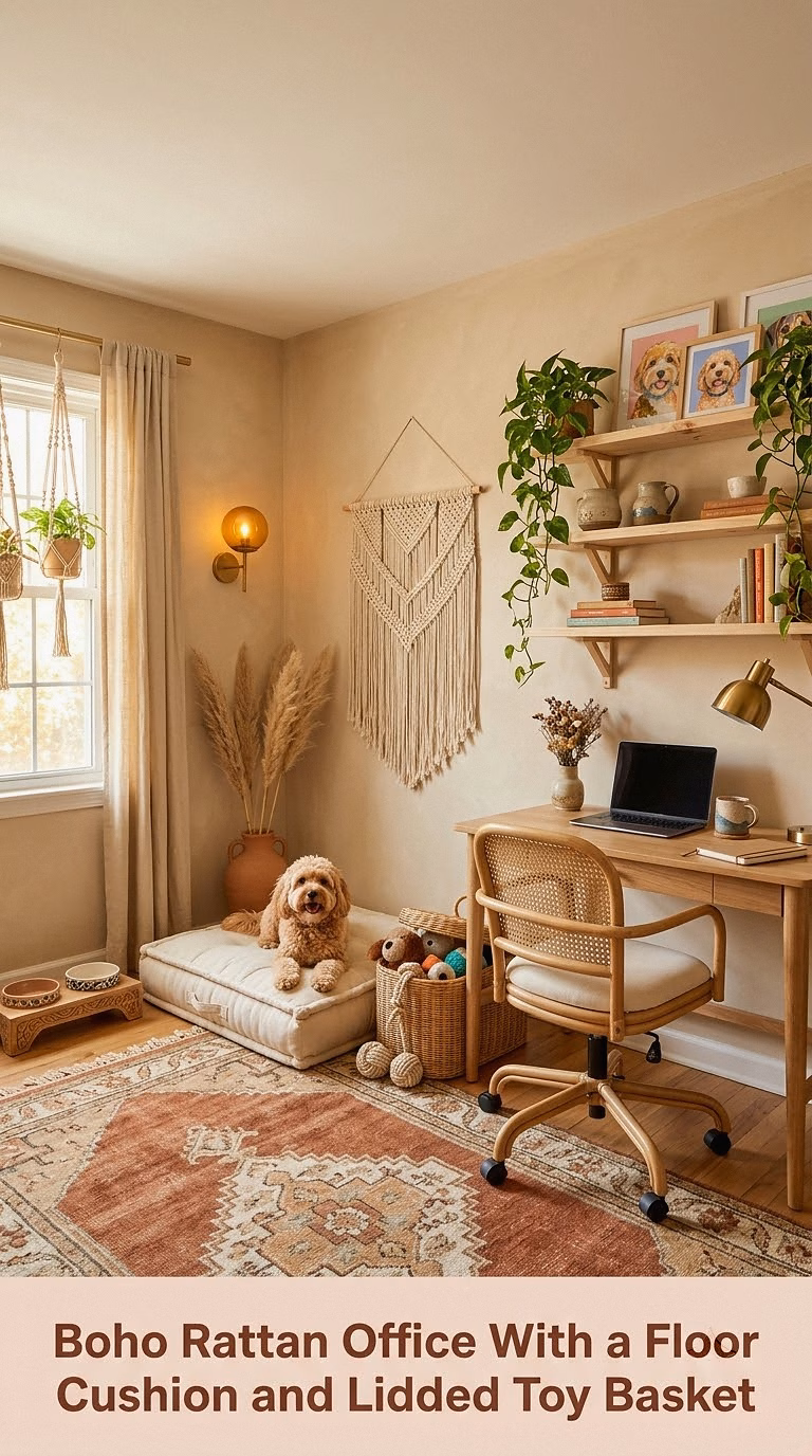 Boho Rattan Office With a Floor Cushion and Lidded Toy Basket