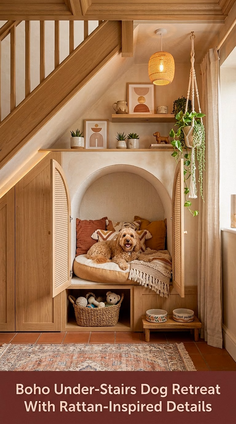 8. Boho Under-Stairs Dog Retreat With Rattan-Inspired Details