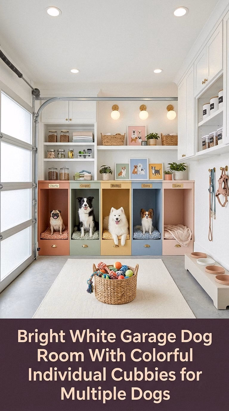 8. Bright White Garage Dog Room With Colorful Individual Cubbies for Multiple Dogs