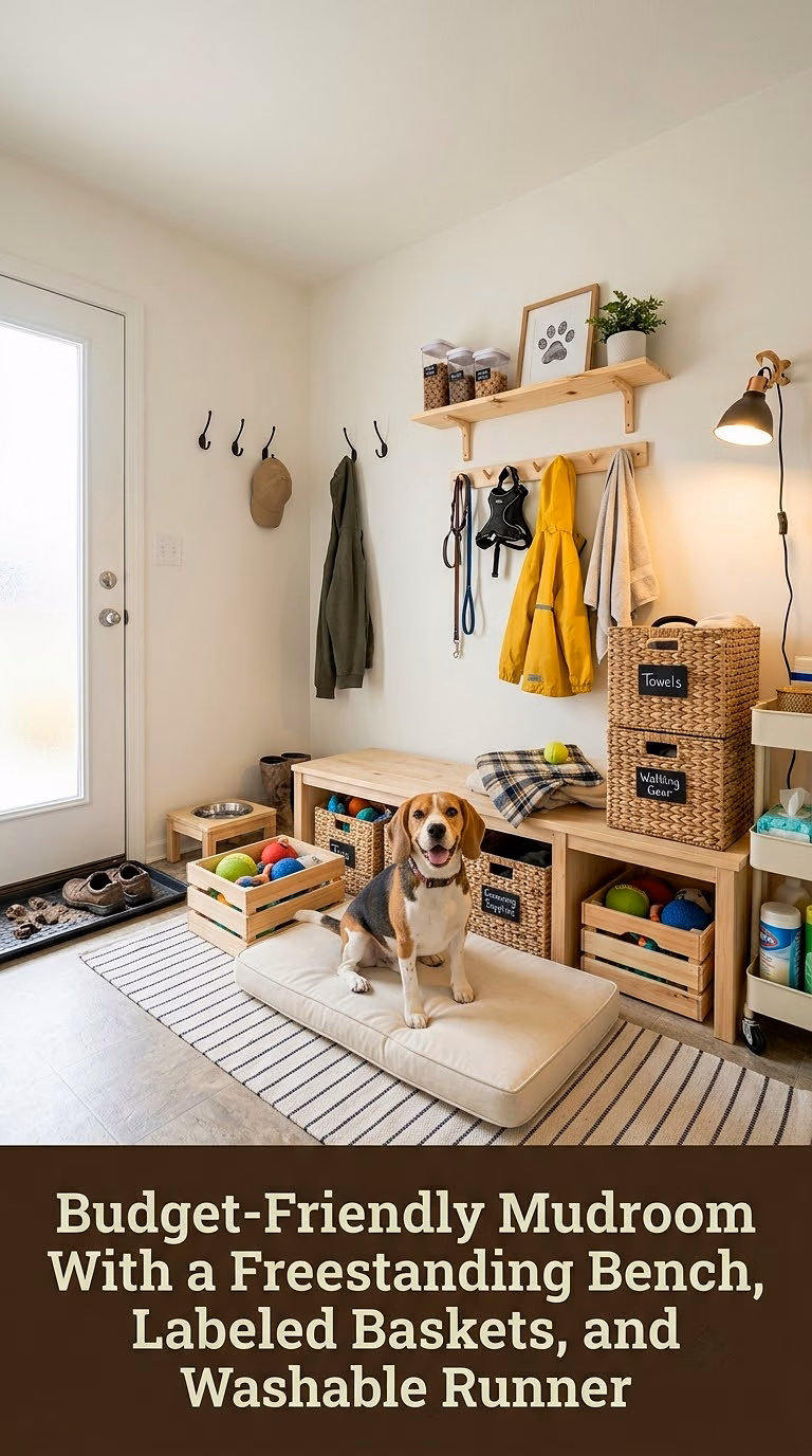 Budget-Friendly Mudroom With a Freestanding Bench, Labeled Baskets, and Washable Runner