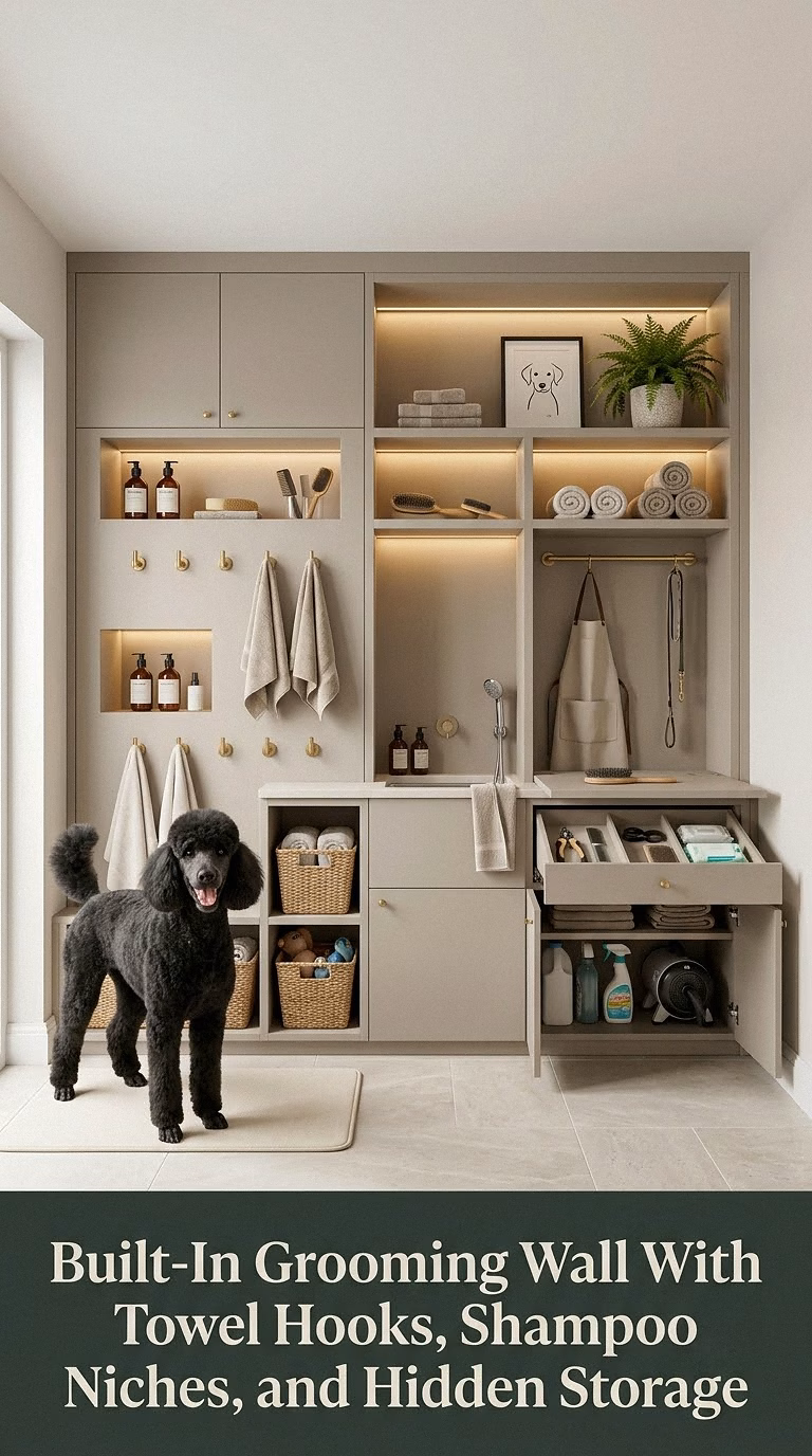8. Built-In Grooming Wall With Towel Hooks, Shampoo Niches, and Hidden Storage
