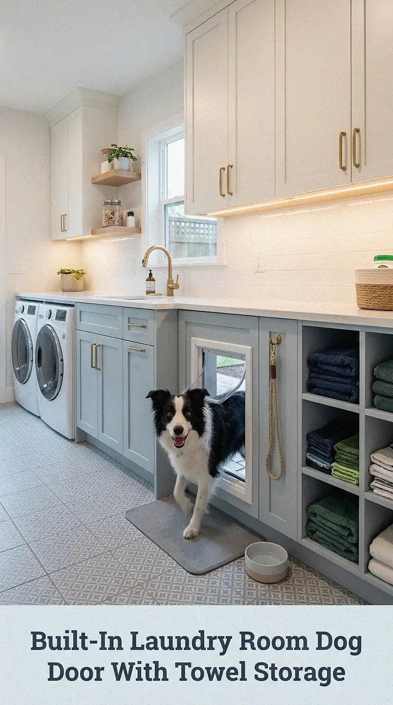 Built-In Laundry Room Dog Door With Towel Storage