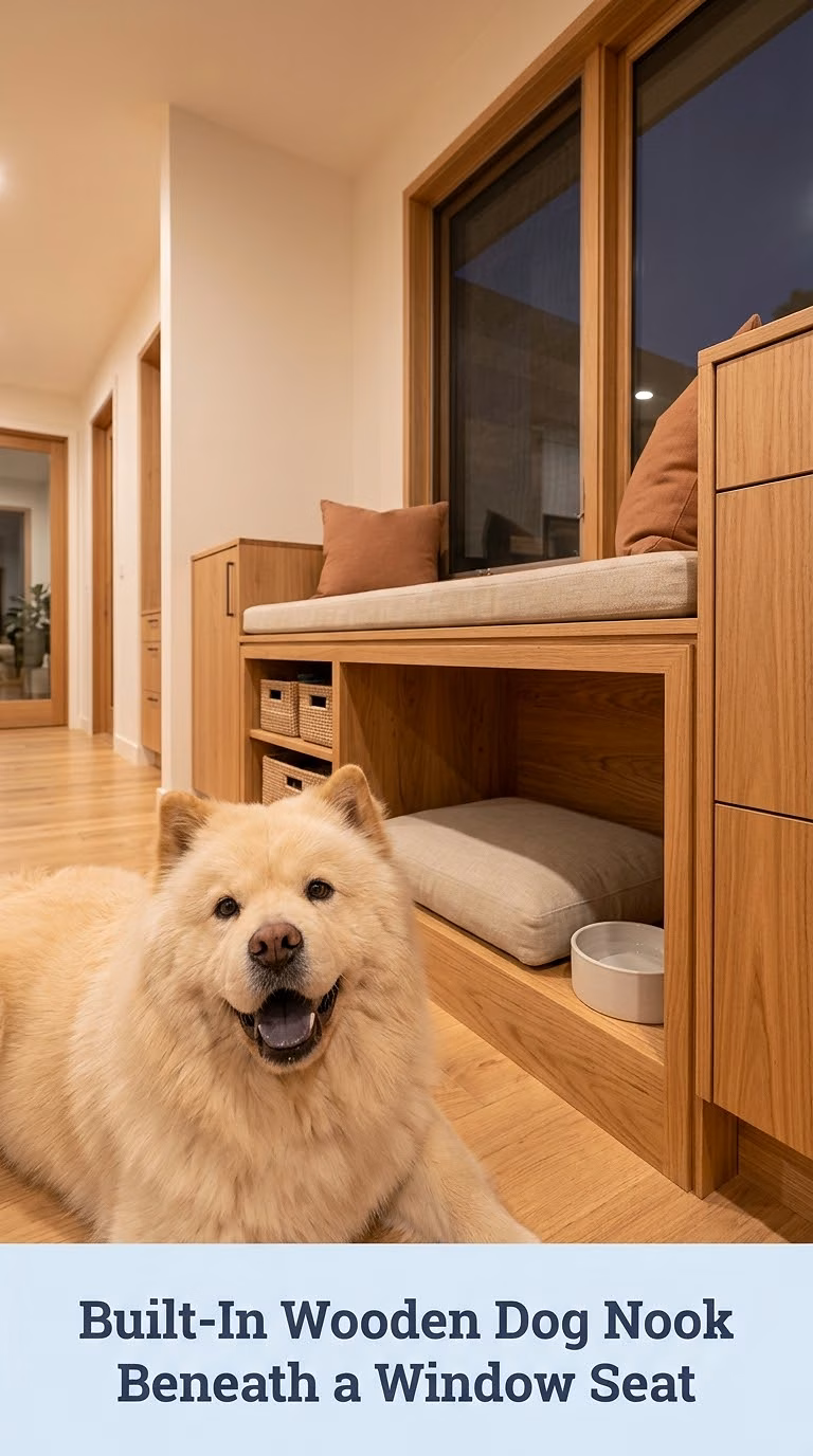Built-In Wooden Dog Nook Beneath a Window Seat