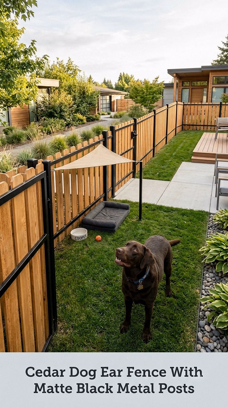 Cedar Dog Ear Fence With Matte Black Metal Posts