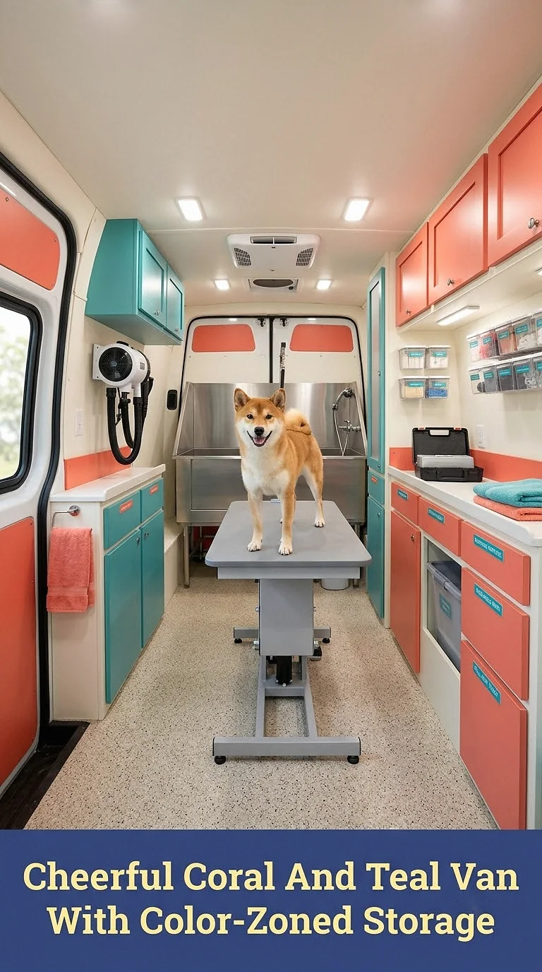 Cheerful Coral And Teal Van With Color-Zoned Storage