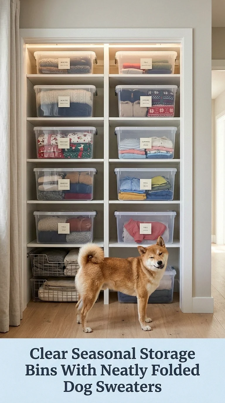 Clear Seasonal Storage Bins With Neatly Folded Dog Sweaters