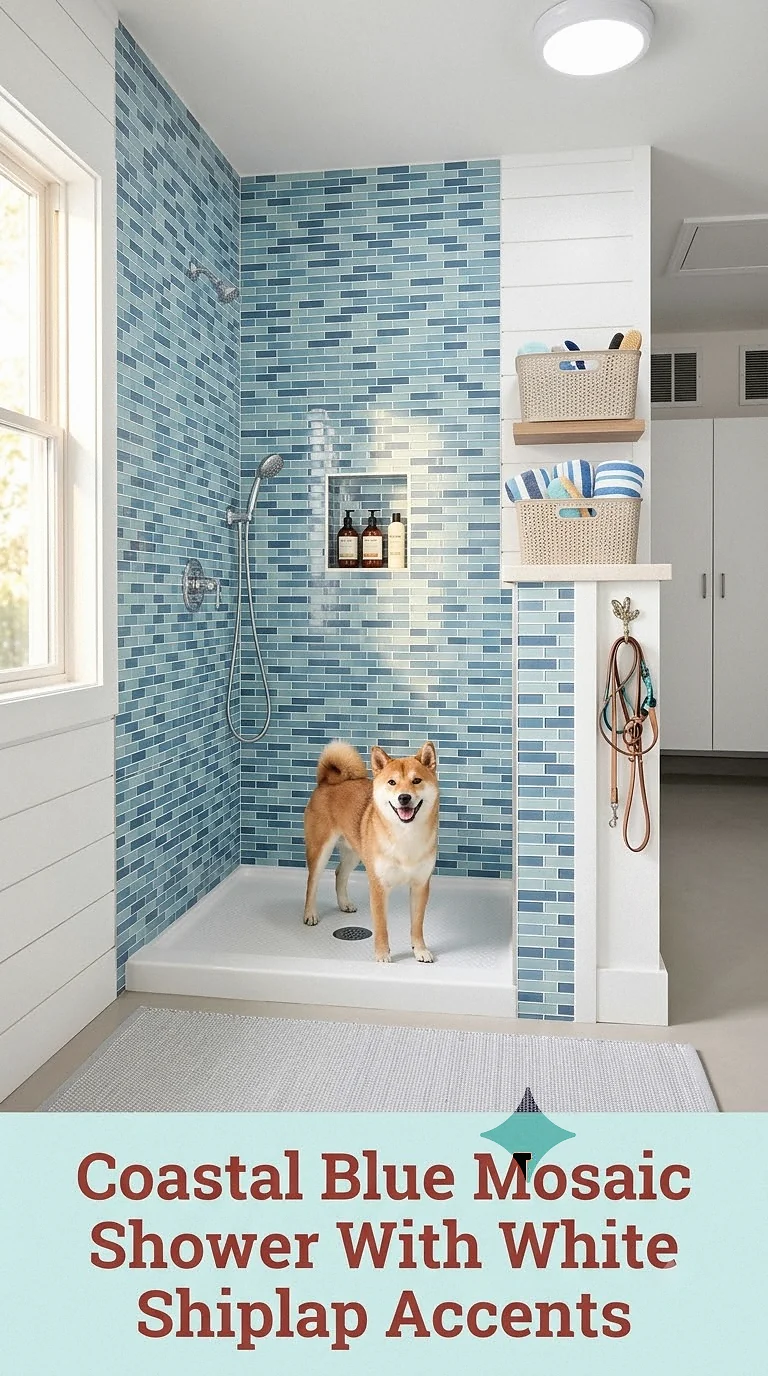 Coastal Blue Mosaic Shower With White Shiplap Accents