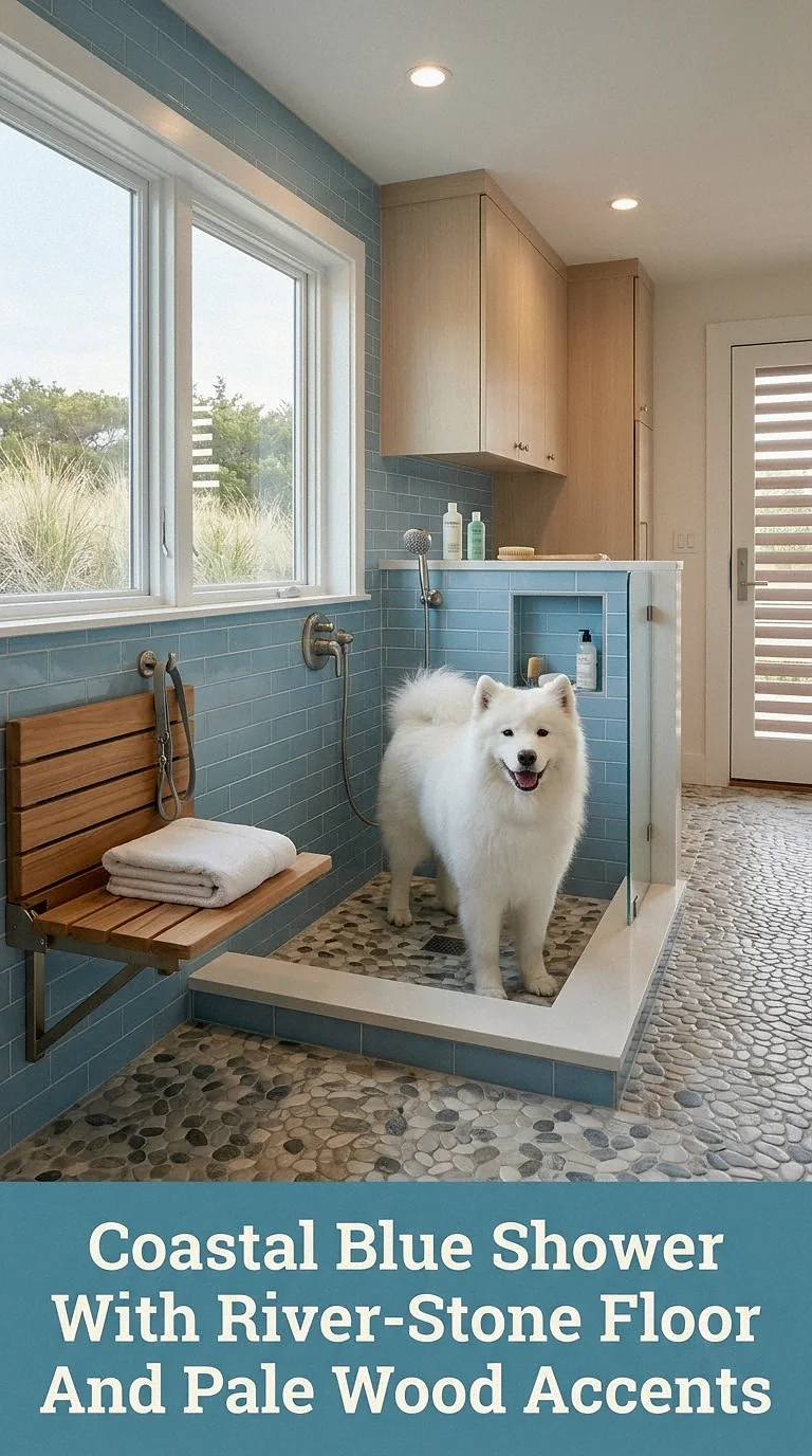 Coastal Blue Shower With River-Stone Floor And Pale Wood Accents