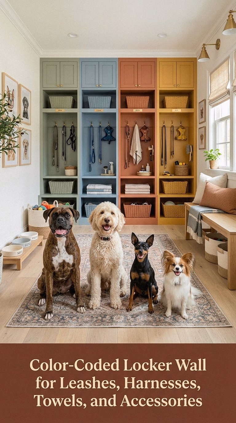 8. Color-Coded Locker Wall for Leashes, Harnesses, Towels, and Accessories