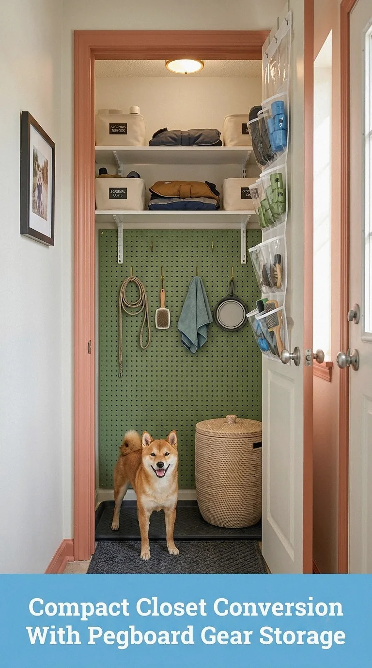 Compact Closet Conversion With Pegboard Gear Storage