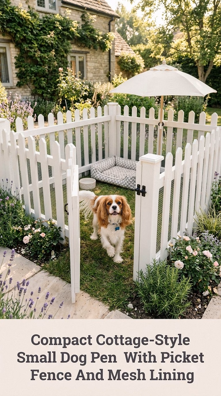 Compact Cottage-Style Small Dog Pen With Picket Fence And Mesh Lining