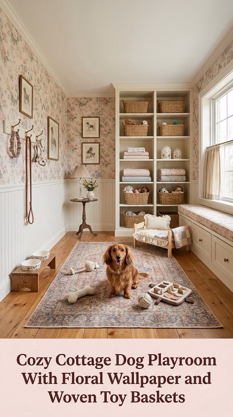 8. Cozy Cottage Dog Playroom With Floral Wallpaper and Woven Toy Baskets