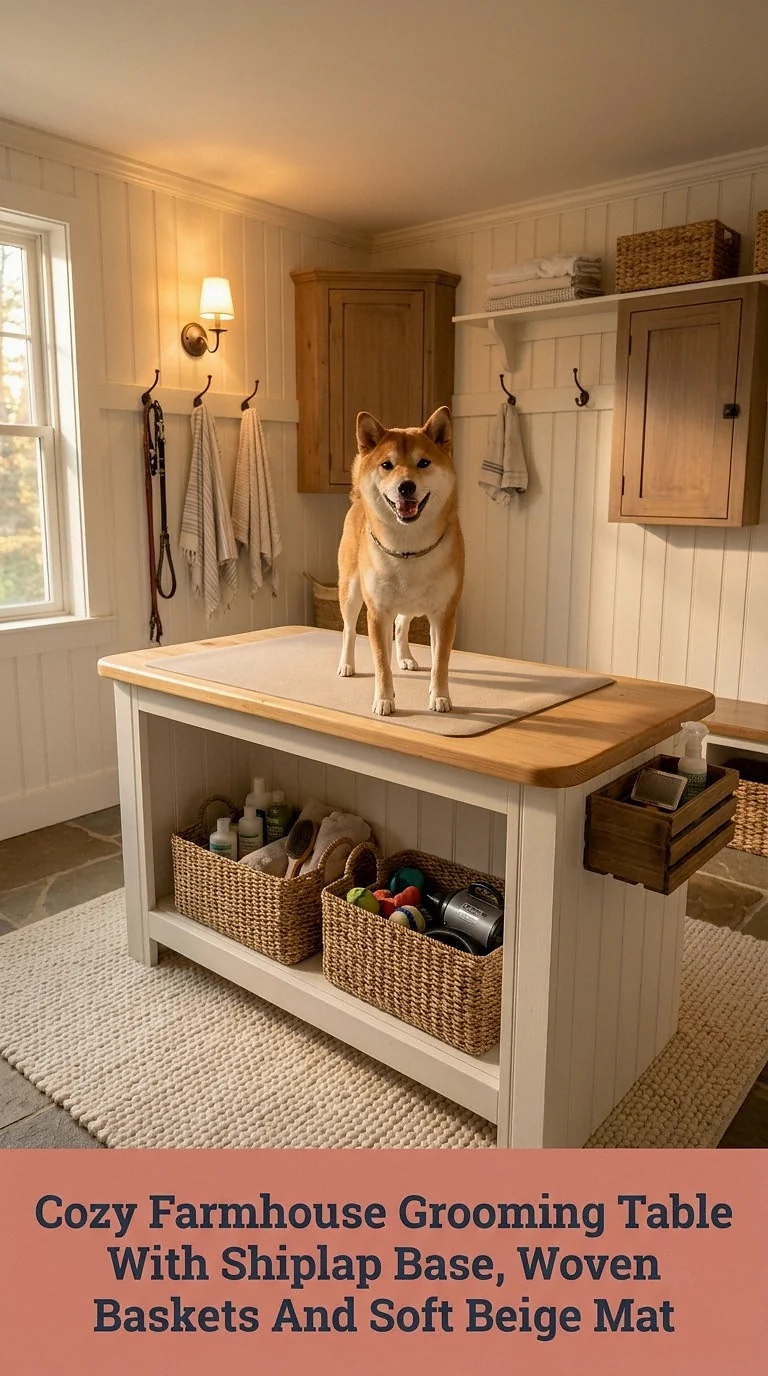 Cozy Farmhouse Grooming Table With Shiplap Base, Woven Baskets And Soft Beige Mat