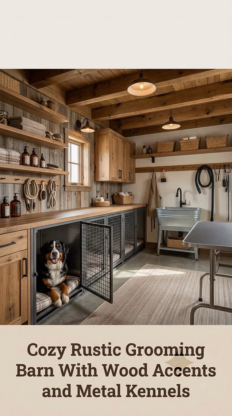 Cozy Rustic Grooming Barn With Wood Accents and Metal Kennels