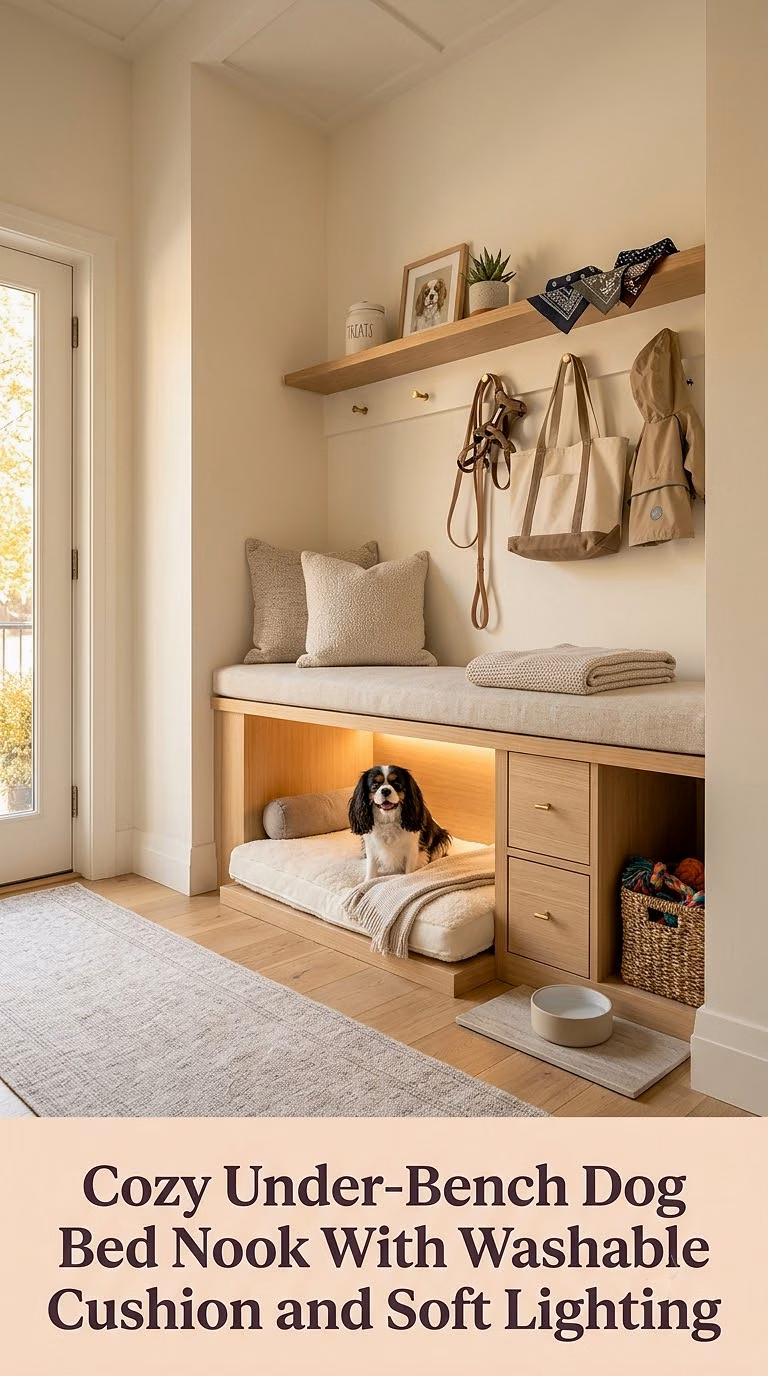 8. Cozy Under-Bench Dog Bed Nook With Washable Cushion and Soft Lighting