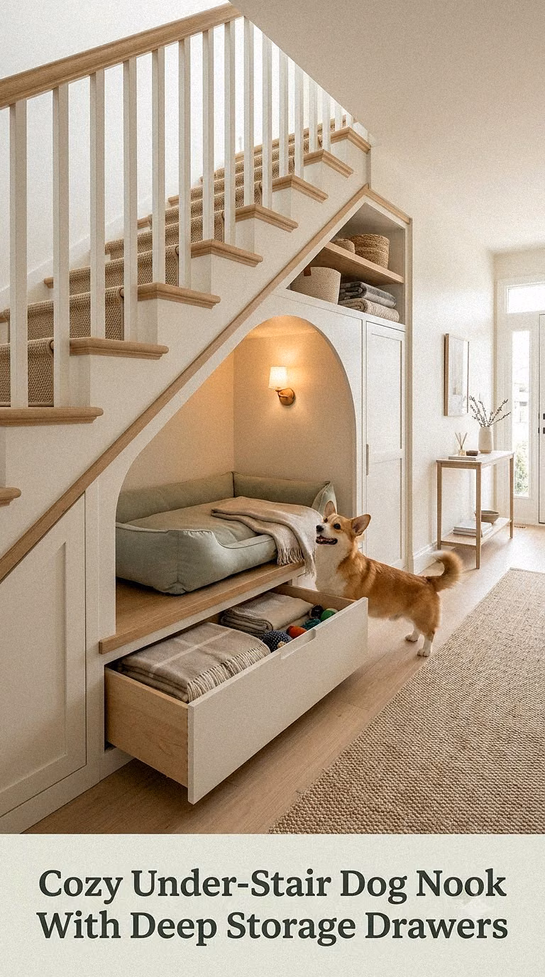 Cozy Under-Stair Dog Nook With Deep Storage Drawers
