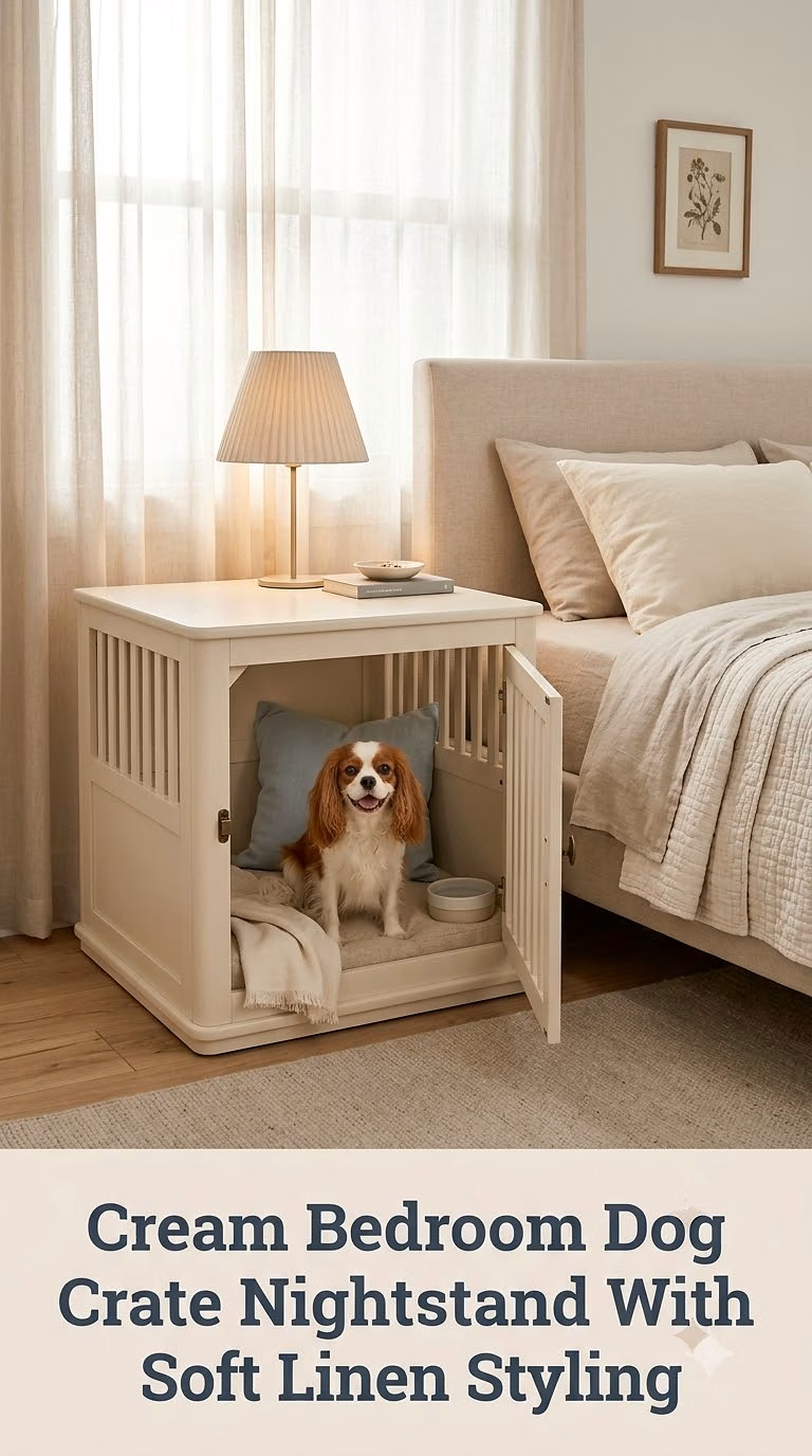 Cream Bedroom Dog Crate Nightstand With Soft Linen Styling