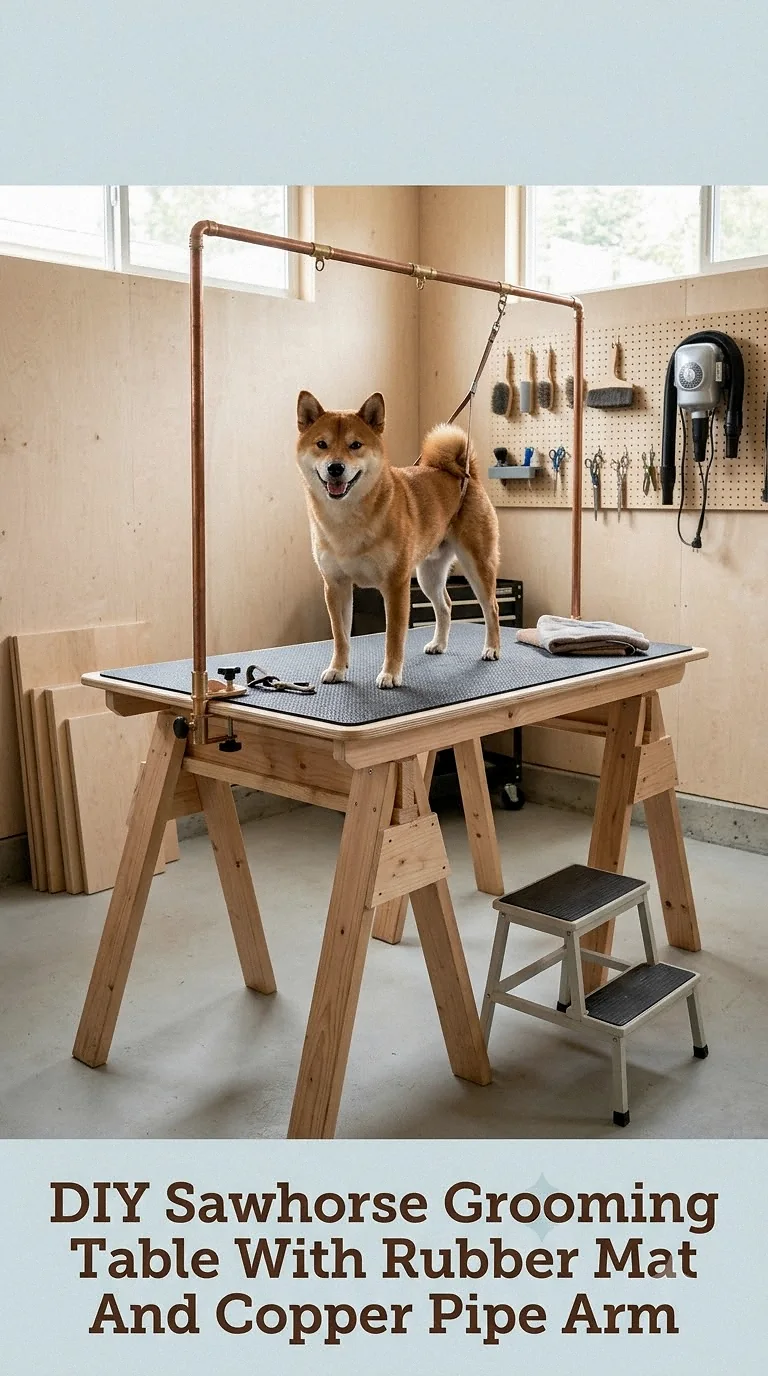 DIY Sawhorse Grooming Table With Rubber Mat And Copper Pipe Arm