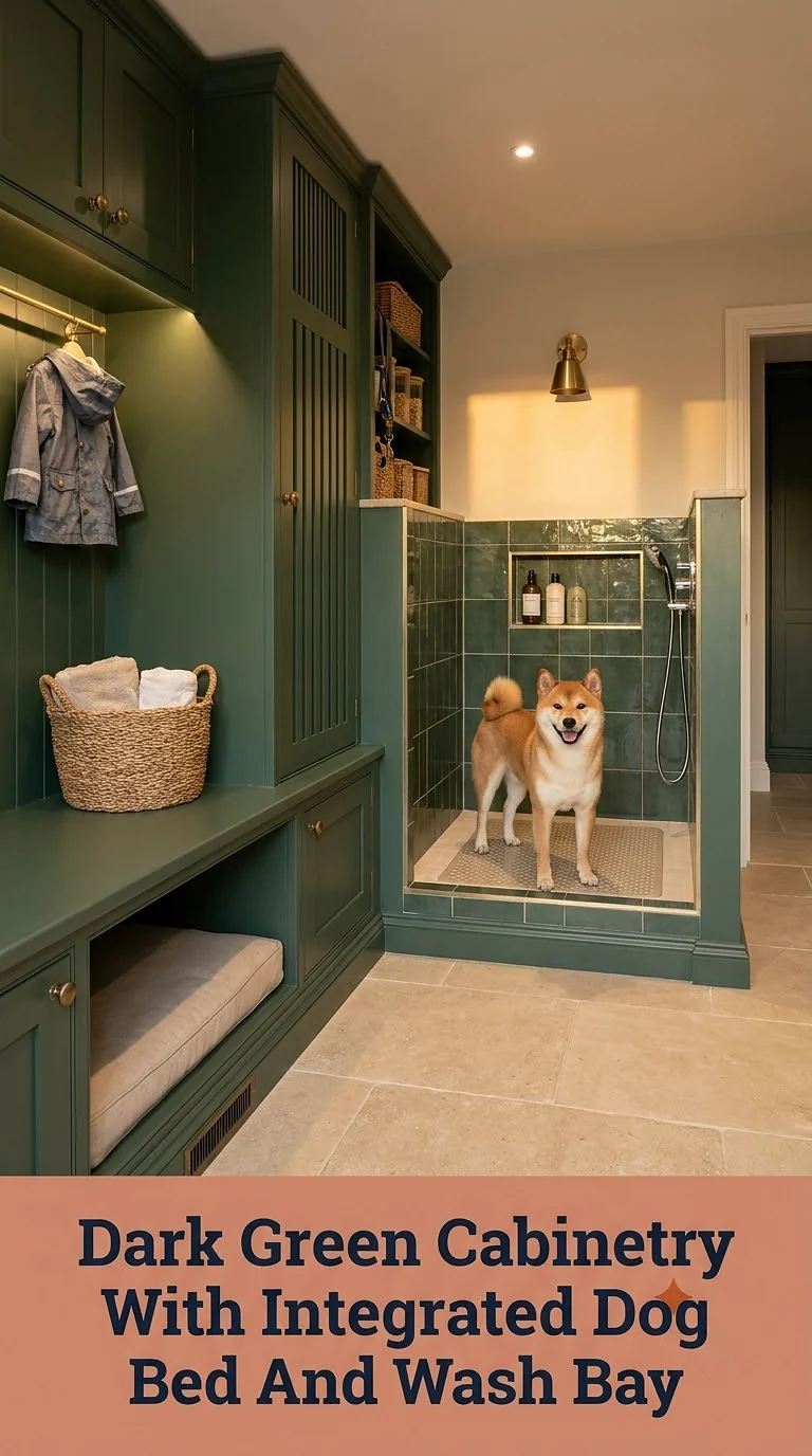 Dark Green Cabinetry With Integrated Dog Bed And Wash Bay