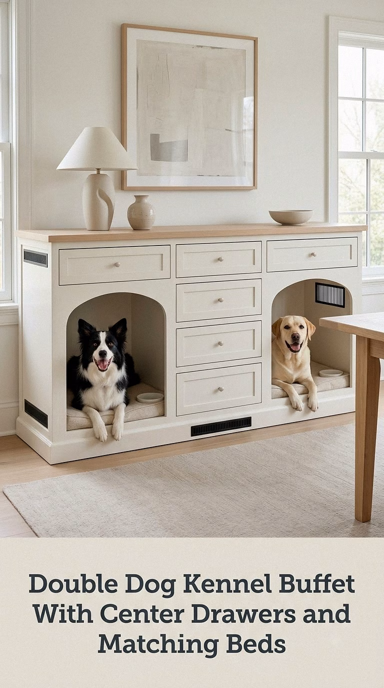 Double Dog Kennel Buffet With Center Drawers and Matching Beds