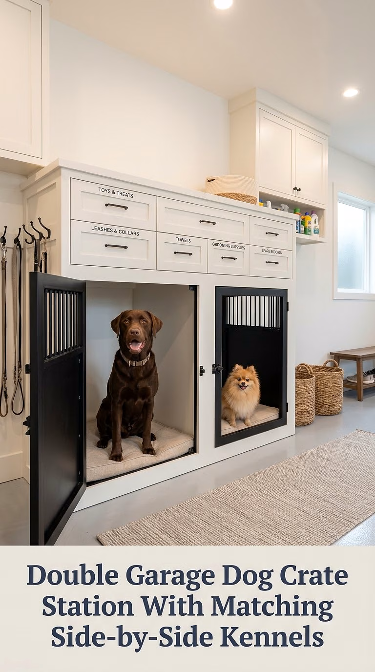 Double Garage Dog Crate Station With Matching Side-by-Side Kennels