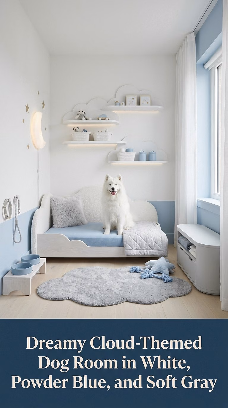 8. Dreamy Cloud-Themed Dog Room in White, Powder Blue, and Soft Gray