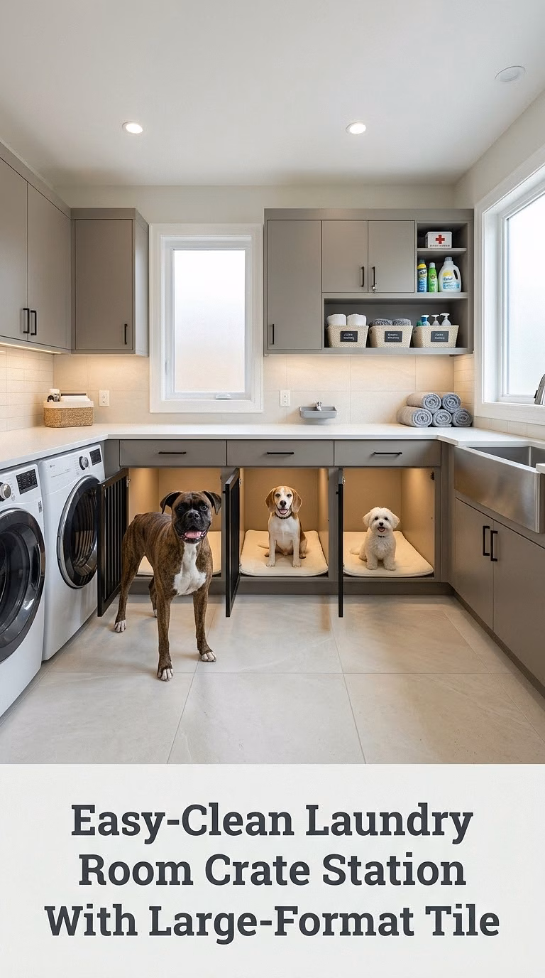 Easy-Clean Laundry Room Crate Station With Large-Format Tile