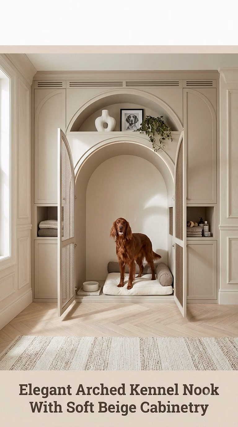 Elegant Arched Kennel Nook With Soft Beige Cabinetry