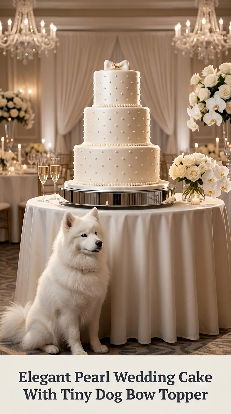 Elegant Pearl Wedding Cake With Tiny Dog Bow Topper