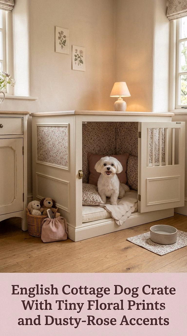 English Cottage Dog Crate With Tiny Floral Prints and Dusty-Rose Accents