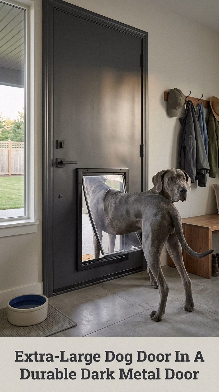Extra-Large Dog Door In A Durable Dark Metal Door