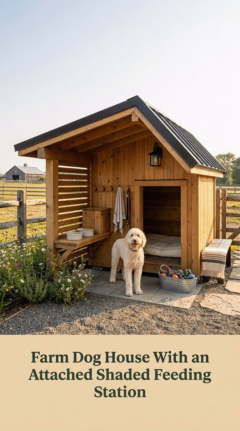 8. Farm Dog House With an Attached Shaded Feeding Station